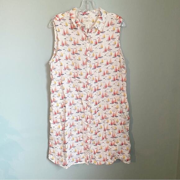 Summer Sailboat Linen Button Down Sleeveless Beach Coverup - Picture 1 of 7